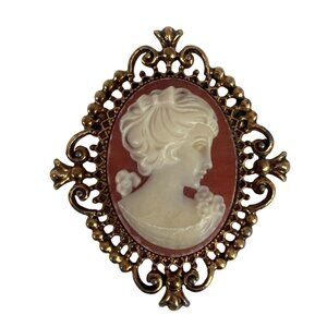 Vintage Avon Gold Tone Cameo Brooch Perfume Locket Victorian Style Regency